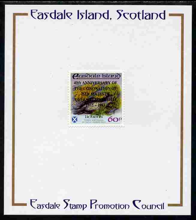 Easdale 1993 40th Anniversary of Coronation overprinted in black on Flora & Fauna perf 60p (Lichens) mounted on Publicity proof card issued by the Easdale Stamp Promotion Council