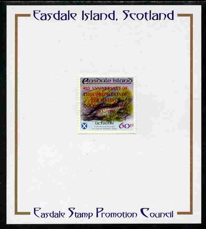 Easdale 1993 40th Anniversary of Coronation overprinted in red on Flora & Fauna perf 60p (Lichens) mounted on Publicity proof card issued by the Easdale Stamp Promotion Council