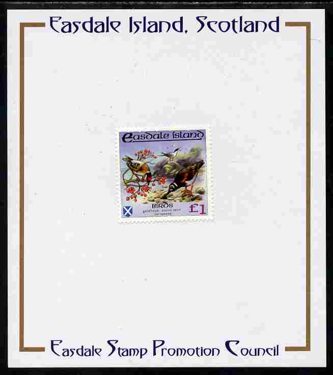Easdale 1988 Flora & Fauna perf definitive £1 (Birds) mounted on Publicity proof card issued by the Easdale Stamp Promotion Council