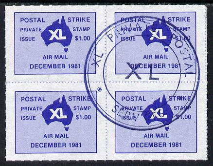 Australia 1986 Postal Strike XL private $1 Air Mail label in block of 4 with special XL cancellation
