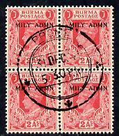 Burma 1945 Mily Admin opt on KG6 2a carminen block of 4 with central cds cancel SG 41