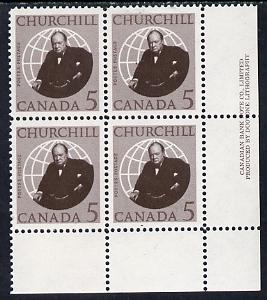 Canada 1966 Churchill 5c imprint corner block of 4 unmounted mint, SG 565
