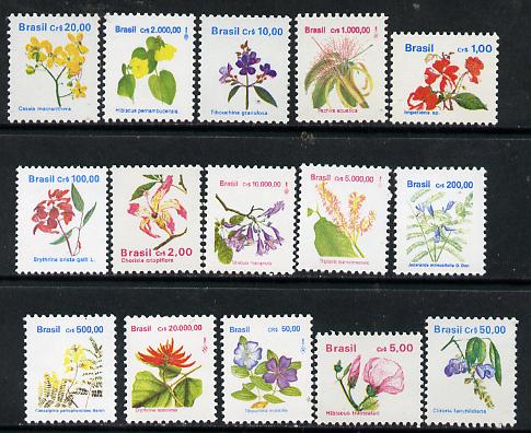 Brazil 1990 Flowers complete definitive set of 15 values, SG 2413-24e unmounted mint*