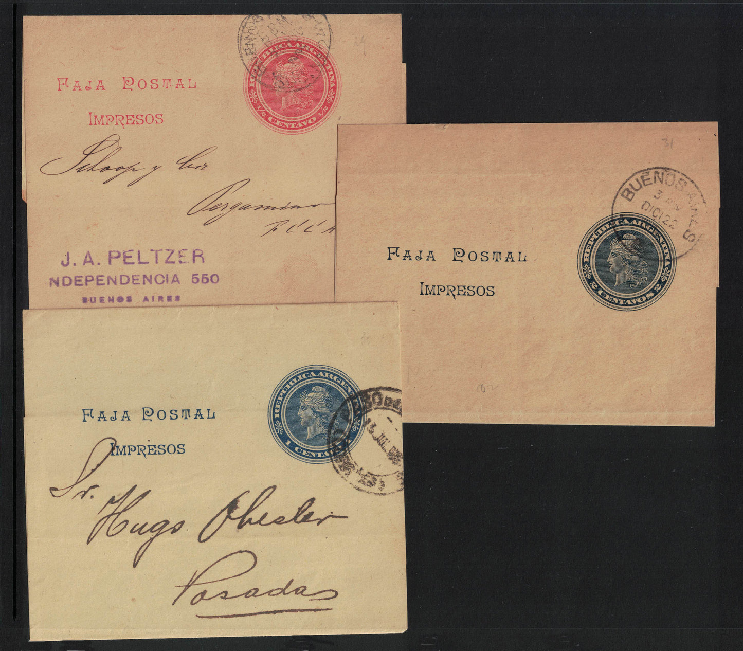 c1902 Argentina Newspaper Wrappers x 3 (HG E29, E30 & E31) 2 Used. 1 Unused