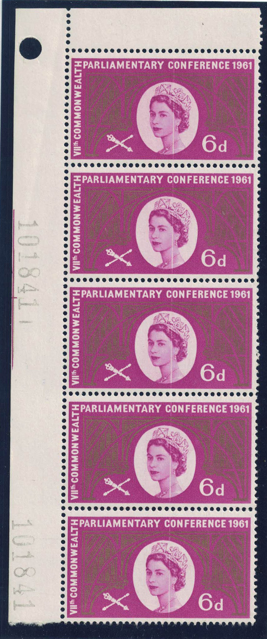 GB 1961 SG629 6d Parliamentary Conference Vert Strip of 5 all showing Hairline Blade (?) Flaw U/M
