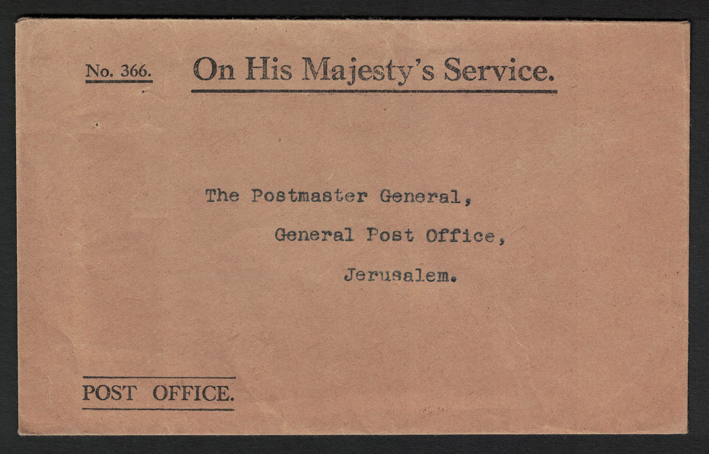 ?Date? OHMS On His Majesty's Service Unused cover to Jerusalem