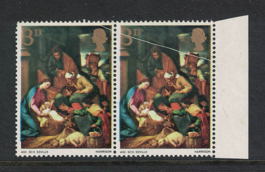 GB 1967 Xmas SG756 with Pre-Printing Paper Fold Horizontal Pair U/M. Slight perf splitting and minor blemish on rear