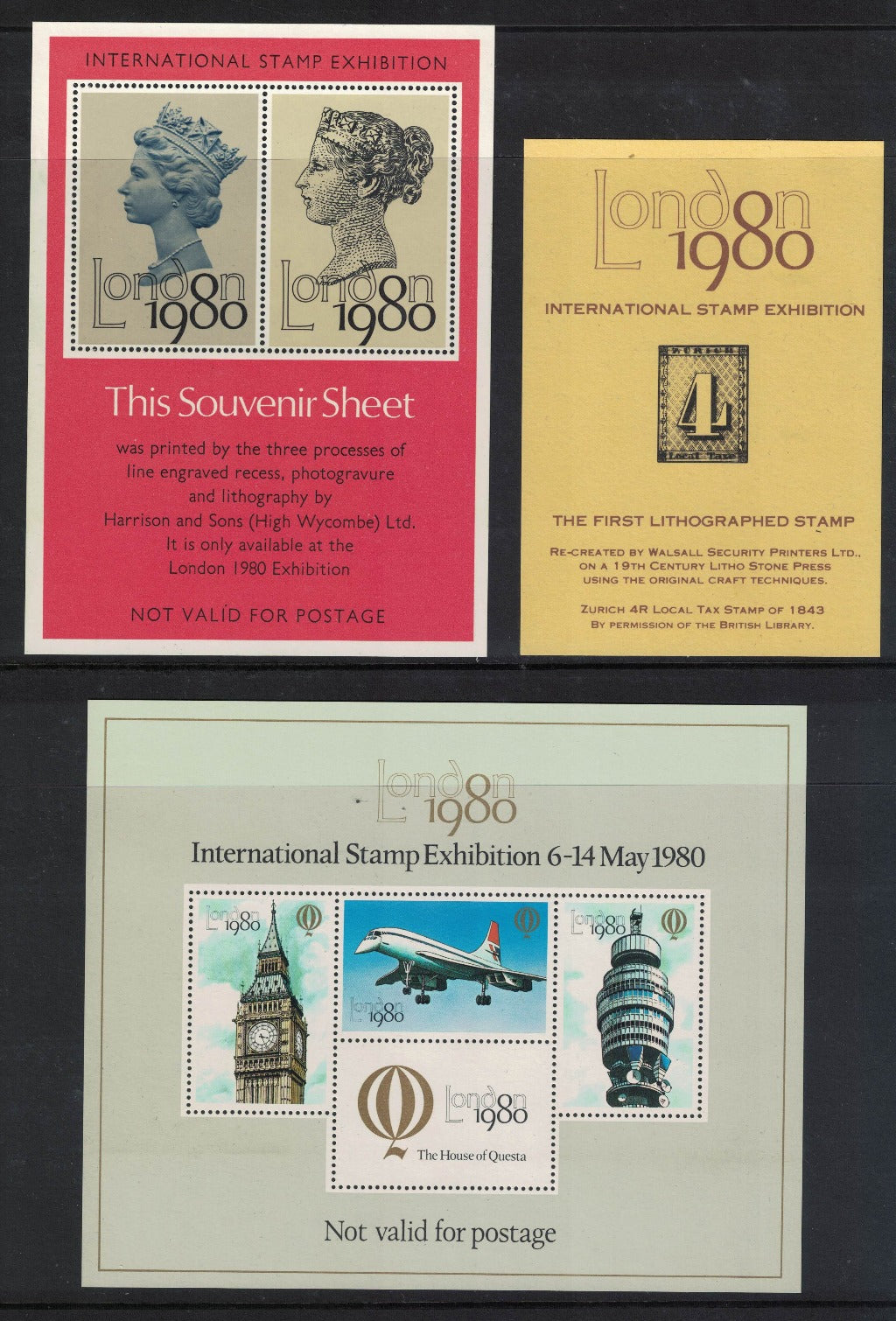 GB Great Britain London 1980 Stampex 3 x Souvenir Sheet Mint. Not Postally Valid