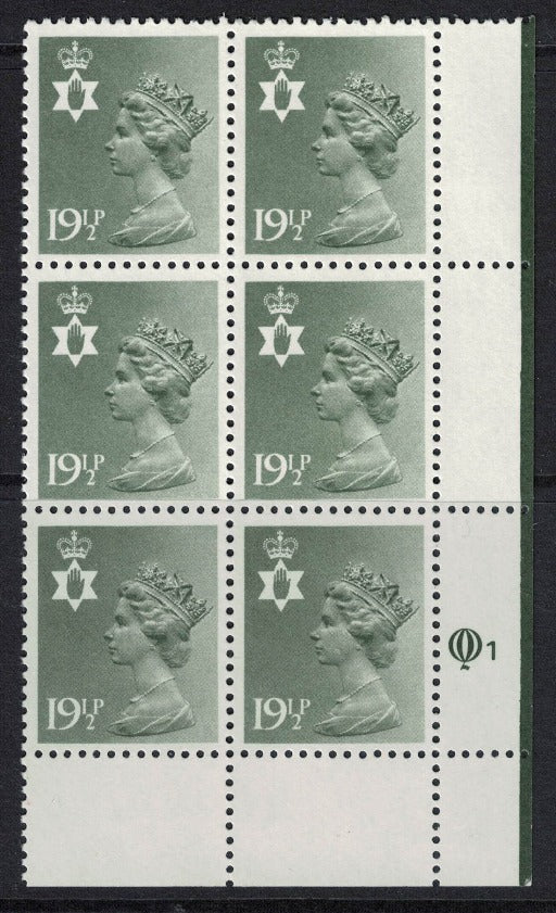 1982 GB Northern Ireland SG NI50 19½p Questa Cylinder Block of 6 U/M