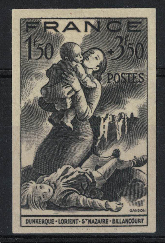 1943 France National Relief Fund for Bomb Victims Imperf Proof Single U/M