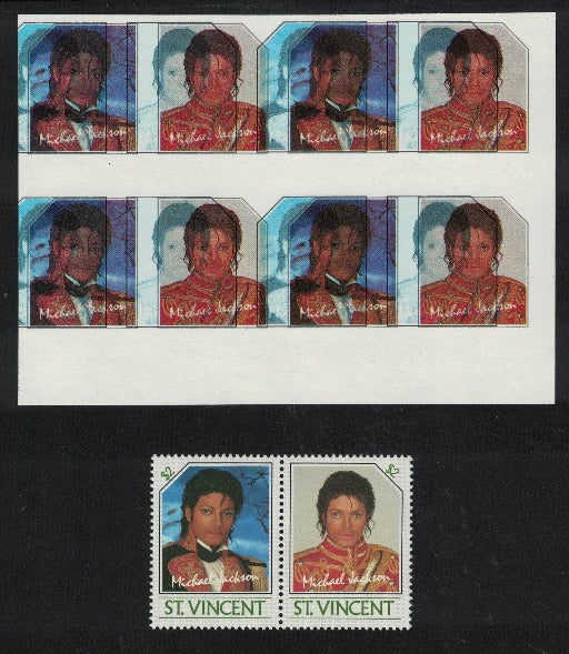1985 St Vincent Michael Jackson $2 Imperf block of 8 + Colours missing. more below...