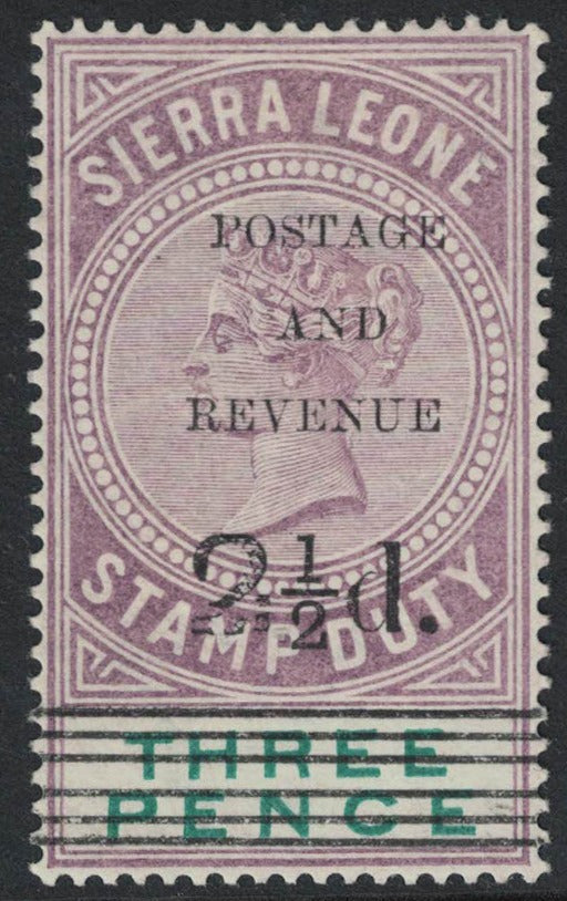 1897 Sierra Leone Fiscal/Stamp Duty SG60 3d Ovpt 2½d Mounted Mint (RW478)