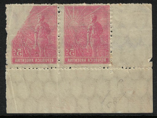 1911 Argentina SG383 5c Red Ploughman. Block of 4 with Superb Offset