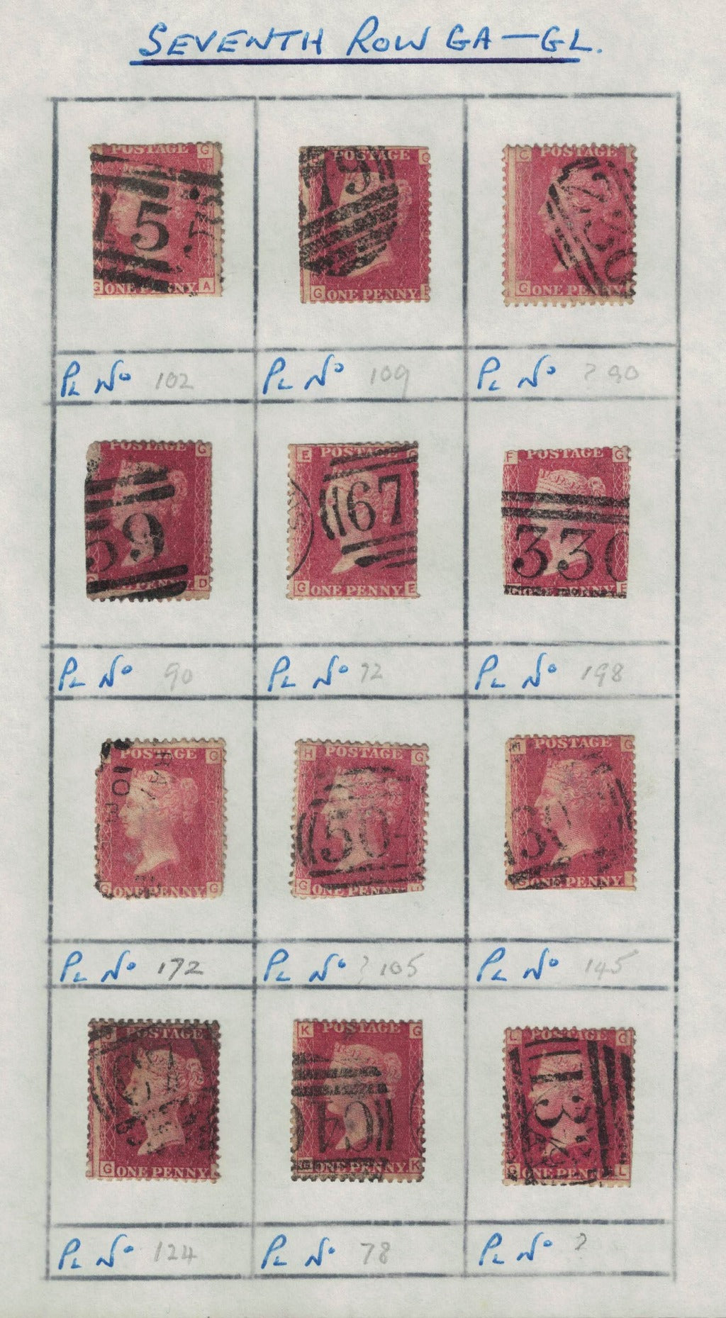 GB 1858 -79 SG43 Part Reconstruction ROW G. Different Plate Numbers. Mixed condition. Unchecked.