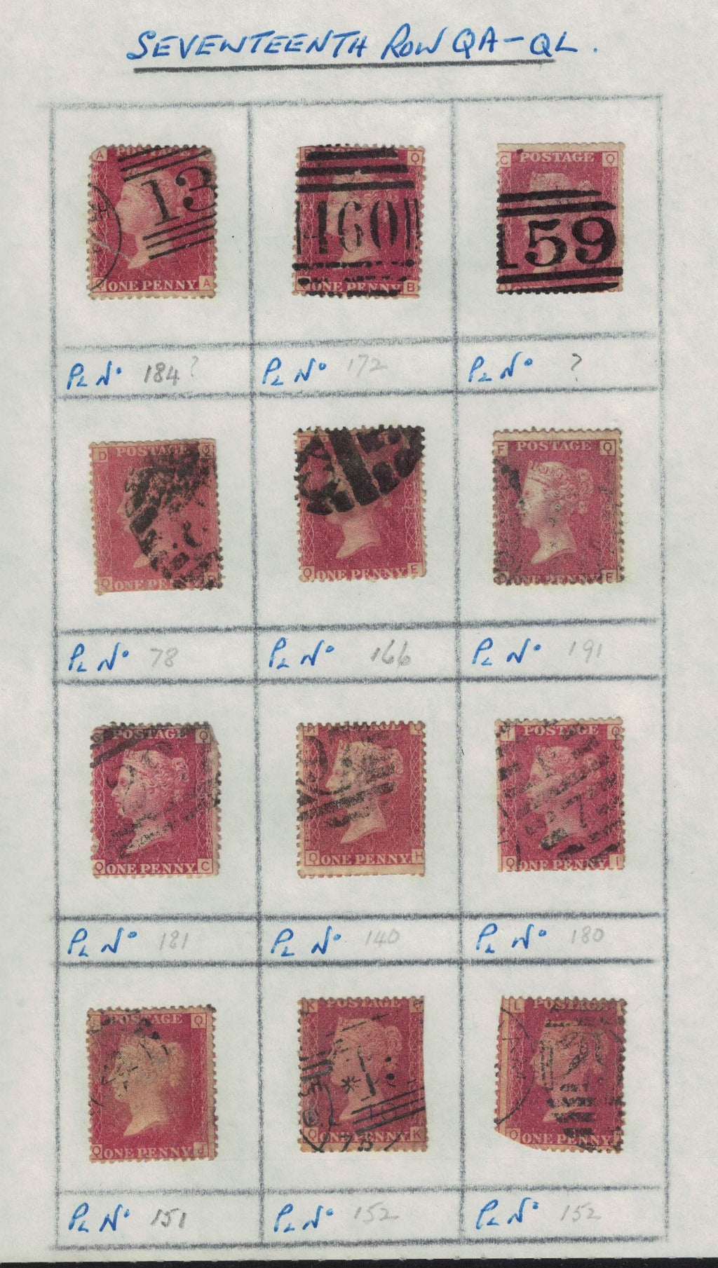 GB 1858 -79 SG43 Part Reconstruction ROW Q. Different Plate Numbers. Mixed condition. Unchecked.