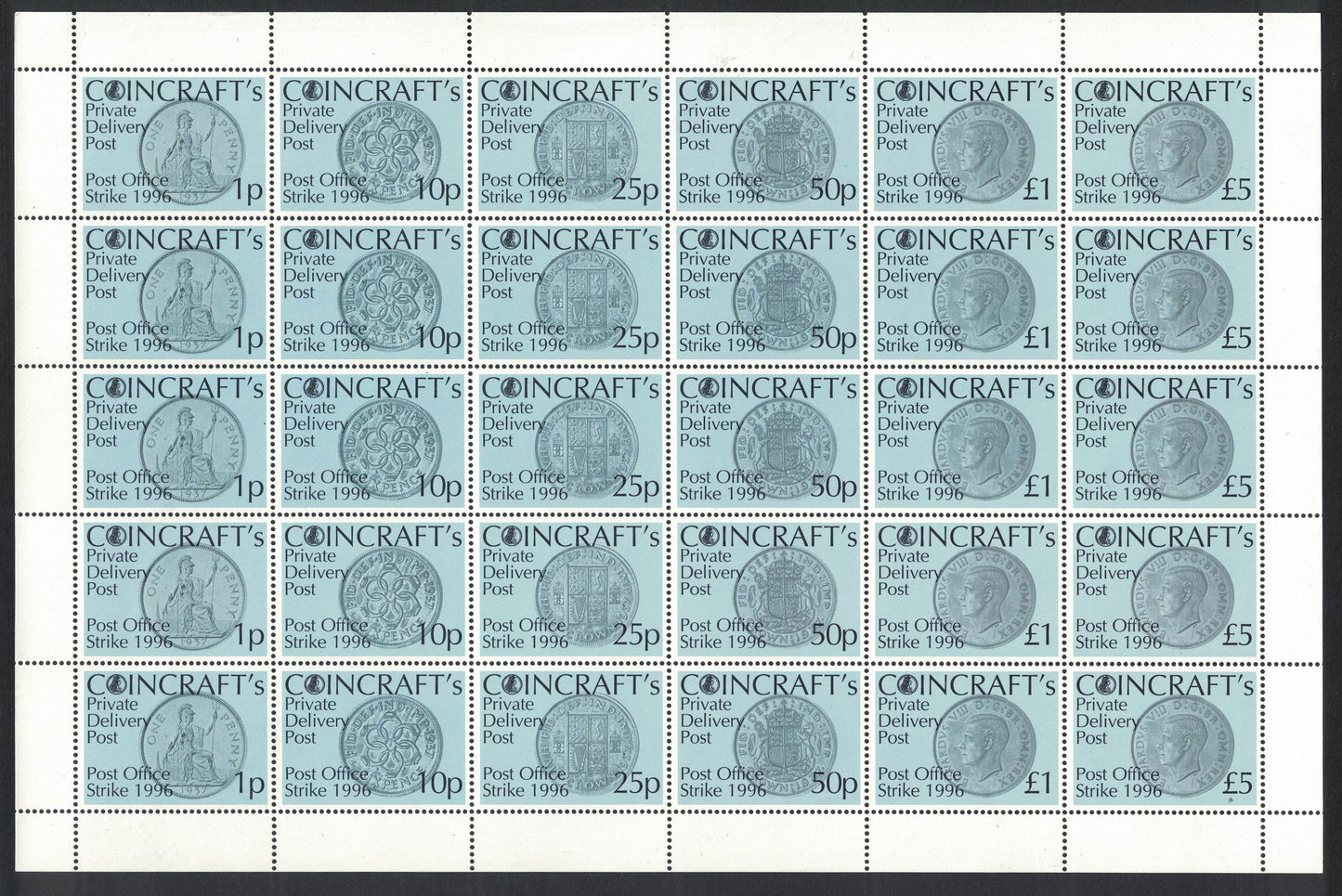 GB 1996 Strike Mail Full Sheet of 30 Coincraft Se-tenant to £5 Unmounted