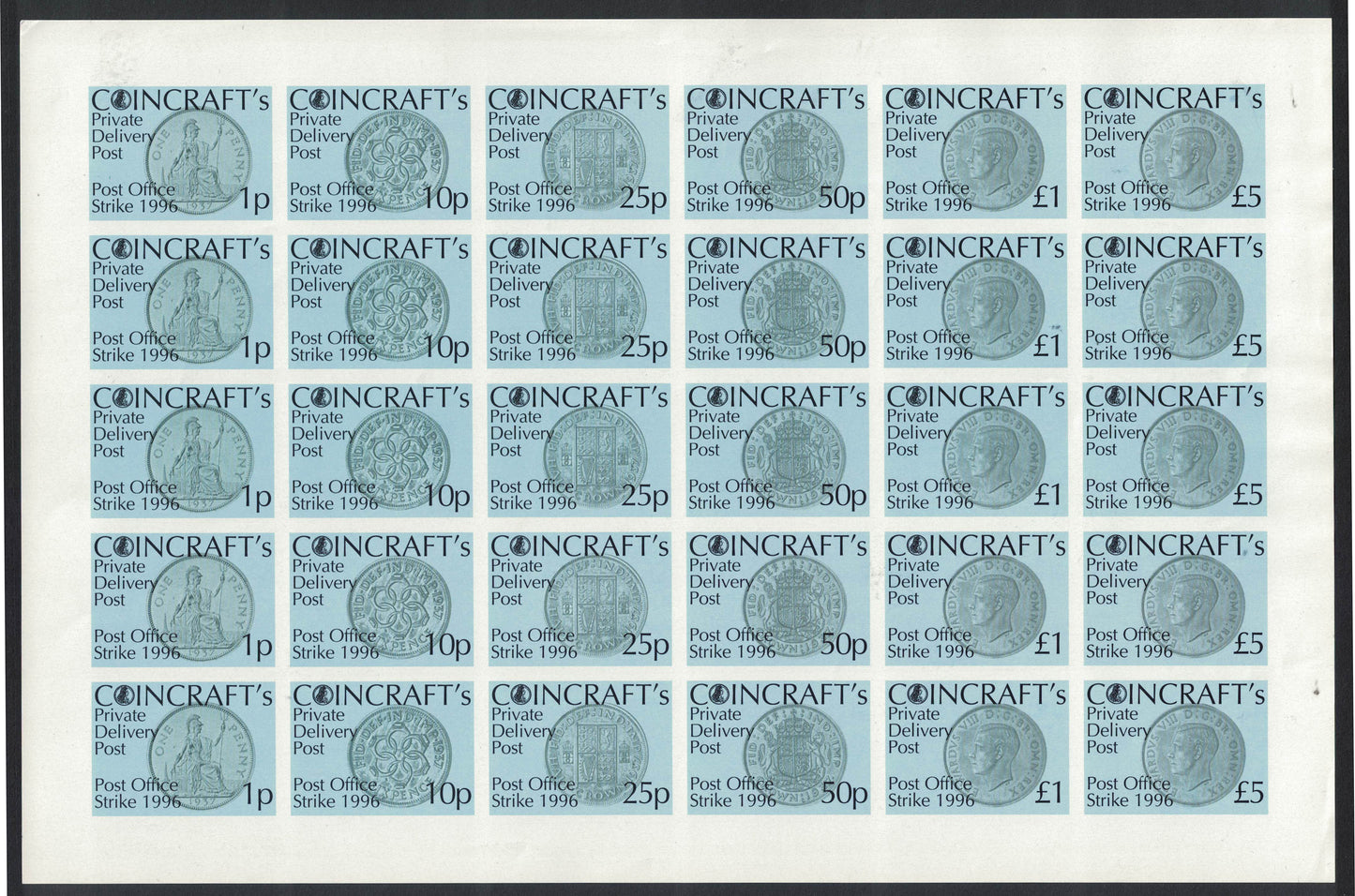 GB 1996 Strike Mail Full Sheet of 30 Coincraft Se-tenant to £5 IMPERF