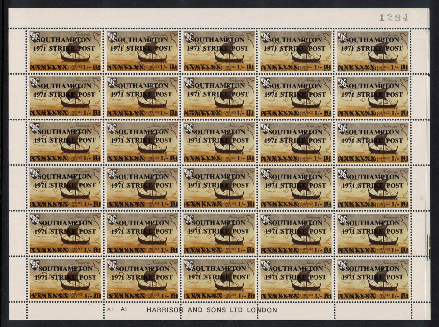 GB 1971 Southampton Full Sheet of 1/- Strike Mail on Herm Island. U/M . Printed by Harrison & Sons