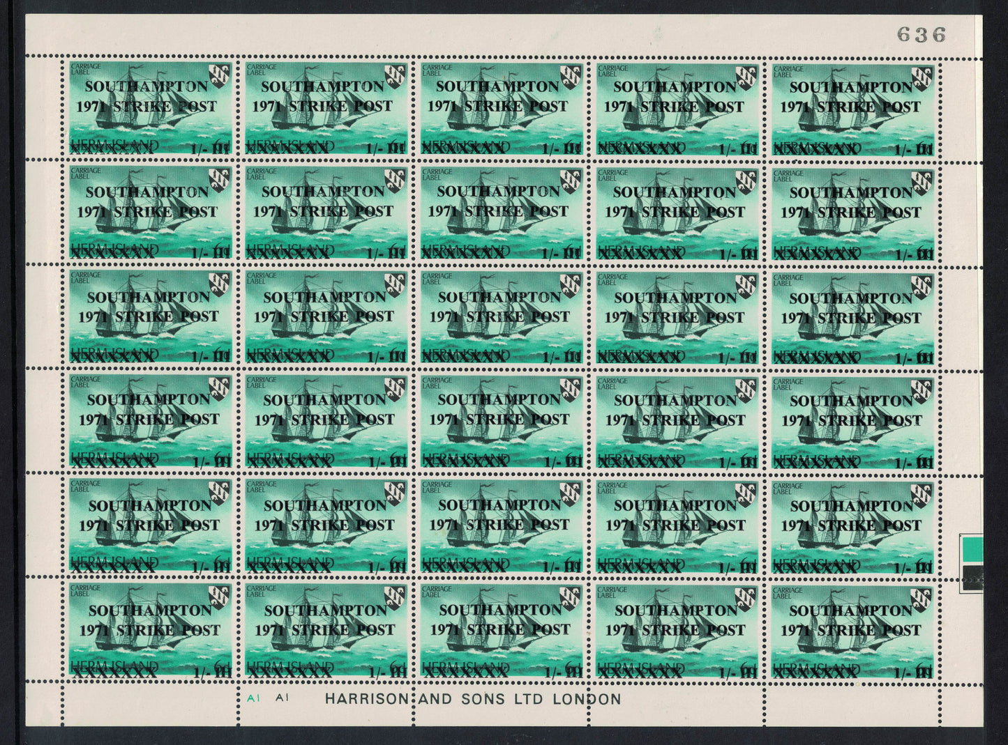 GB 1971 Southampton Full Sheet of 1/- Azure Strike Mail on Herm Island Stamps U/M