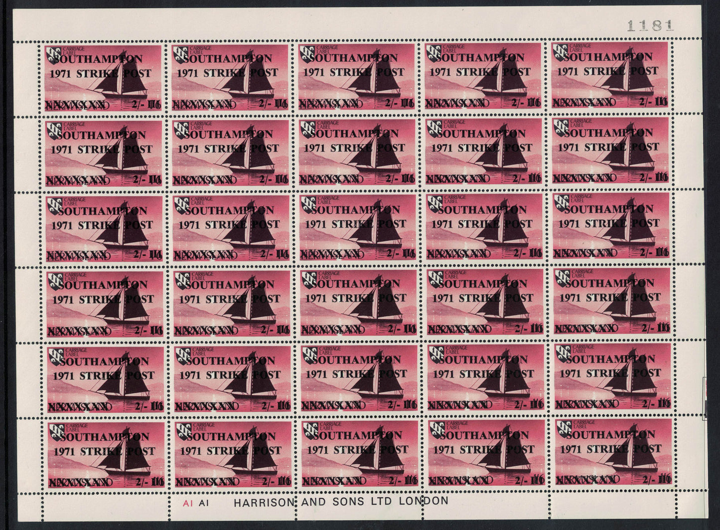 GB 1971 Southampton Full Sheet of 2/- Plum Strike Mail on Herm Island U/M