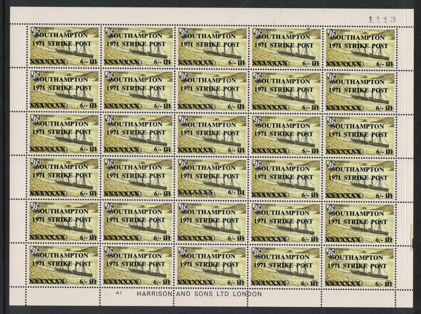 GB 1971 Southampton Full Sheet of 6/- Olive Strike Mail on Herm Island Stamps U/M