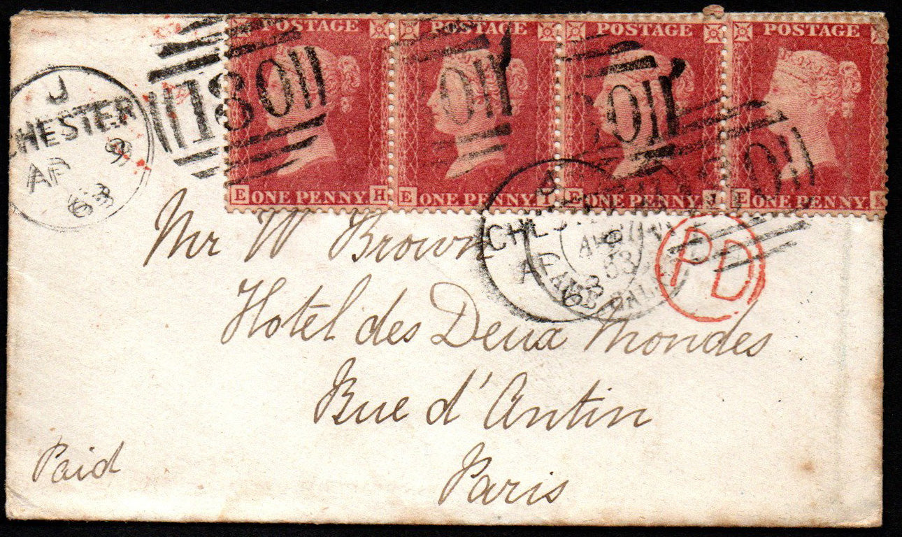 GB 1863 Cover London - Paris bearing 4 x SG29 Plate 7 C8 with original contents