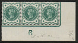 GB 1887 Jubilee ½d Dull Blue/Green Strip of 3  with imperf through margins and Damaged R Control error SG213 var M/M (A072)