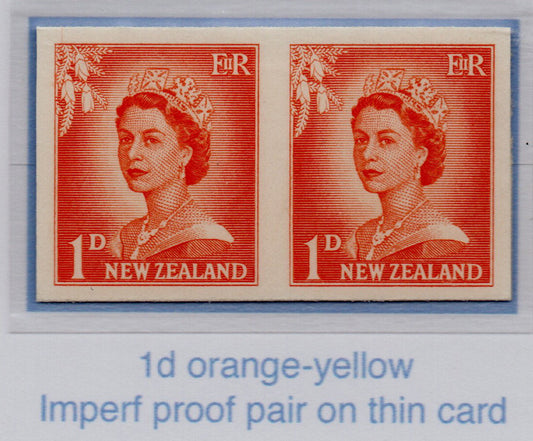 1955 New Zealand Large Definitives 1d Ora-Yell Imperf Proof on thin card (1128)