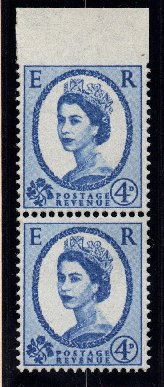 1958 SG576 4d M/C Ultramarine Pair Imperf error between stamp and margin