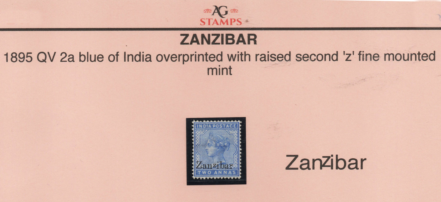 1895 Zanzibar 2 Anna Blue of India Raised/Small "z" in Overprint M/M