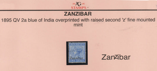 1895 Zanzibar 2 Anna Blue of India Raised/Small "z" in Overprint M/M