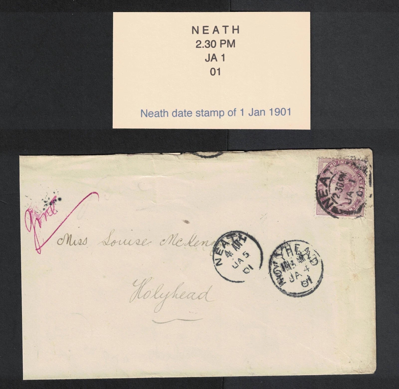 1901 cover bearing 1d Lilac cancelled 1 January 01. First day of century 