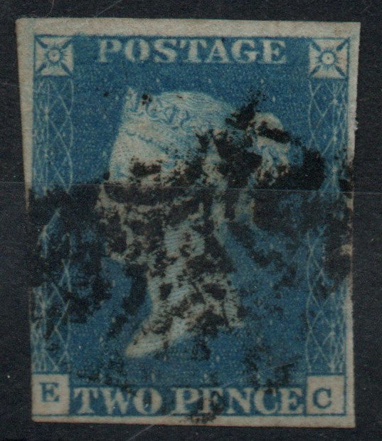 GB QV 1840 2d Blue SG5. Plate 2. DS8 . Almost 4 Margins. Black MC. D-A