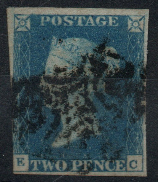 GB QV 1840 2d Blue SG5. Plate 2. DS8 . Almost 4 Margins. Black MC. D-A