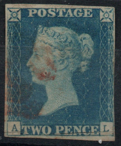 GB 1840 2d Blue SG4. Plate 1. DS5 . 3½ Margins,. Light cancel. A-L Tiny cut SW corner 