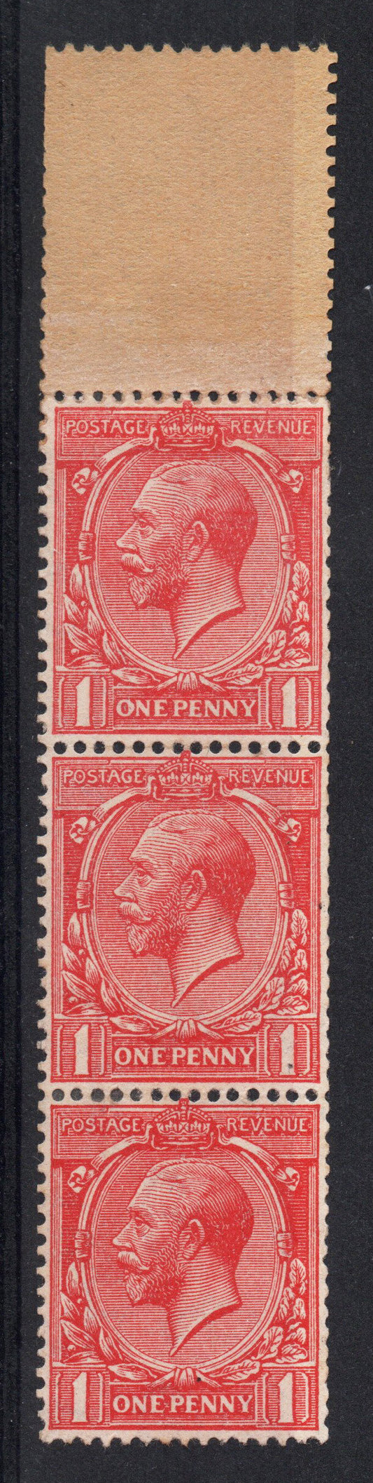 GB KGV SG419 1d Scarlet Block Cypher Coil End. 3 stamps affixed. VLMM (1260)