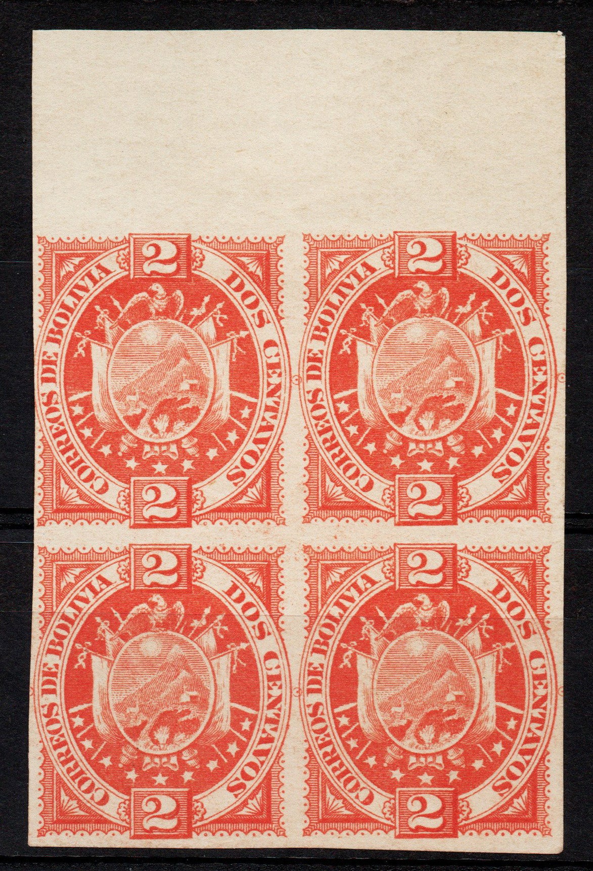 1894 Bolivia 2c Orange-Red Imperf Blk of 4 as SG64 Shade Ungummed Lightly Mounted Mint