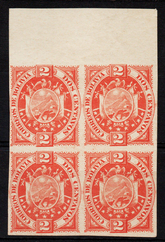 1894 Bolivia 2c Orange-Red Imperf Blk of 4 as SG64 Shade Ungummed Lightly Mounted Mint