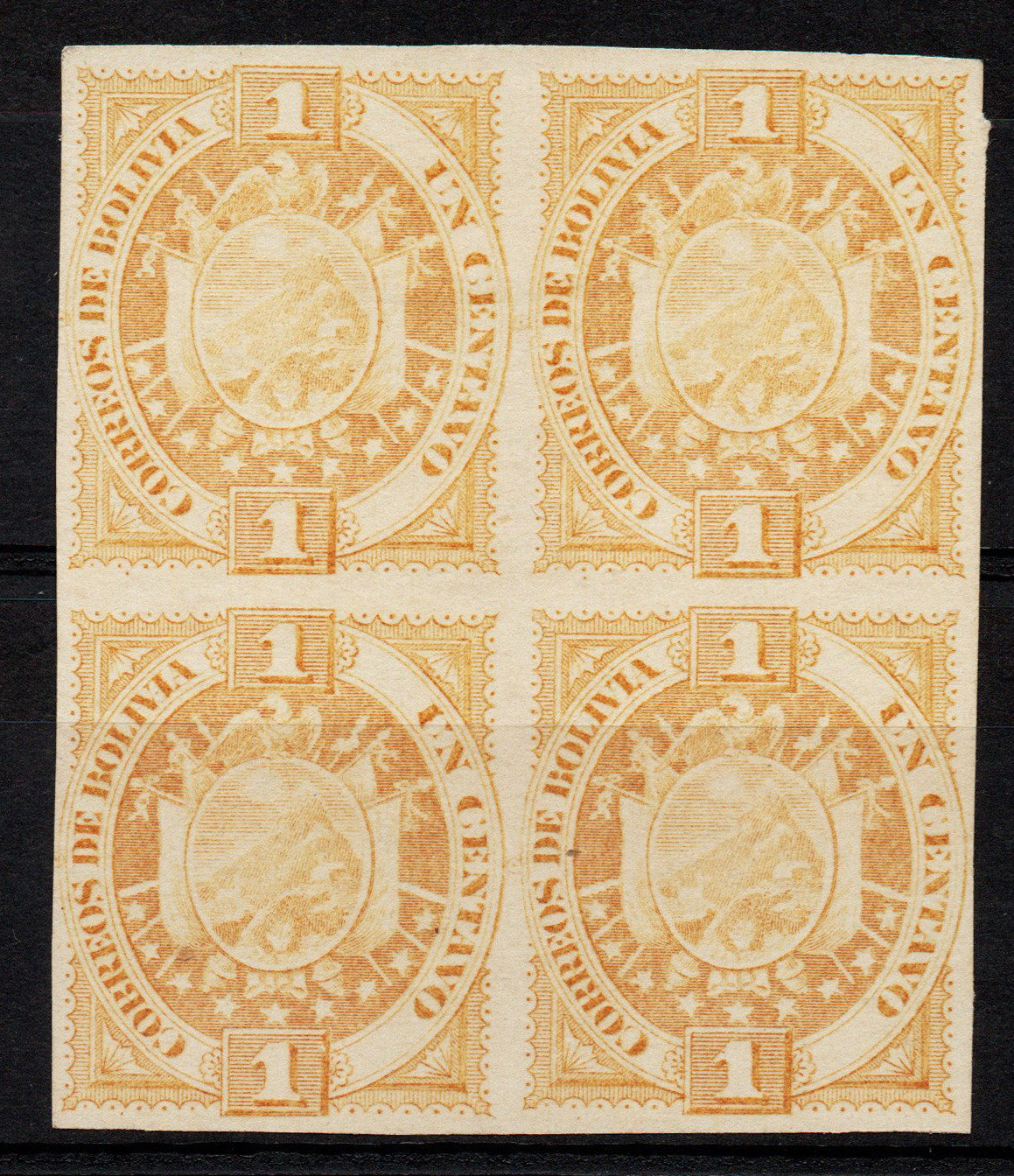 1894 Bolivia 1c Ochre Imperf Blk of 4 as SG63 Shade Ungummed Lightly Mounted Mint