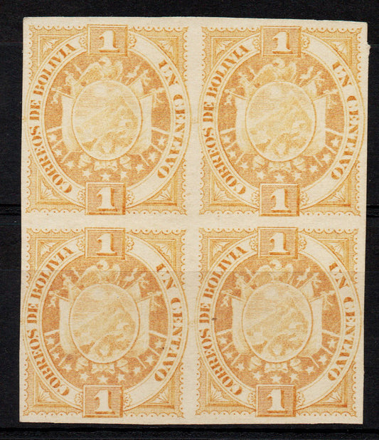 1894 Bolivia 1c Ochre Imperf Blk of 4 as SG63 Shade Ungummed Lightly Mounted Mint