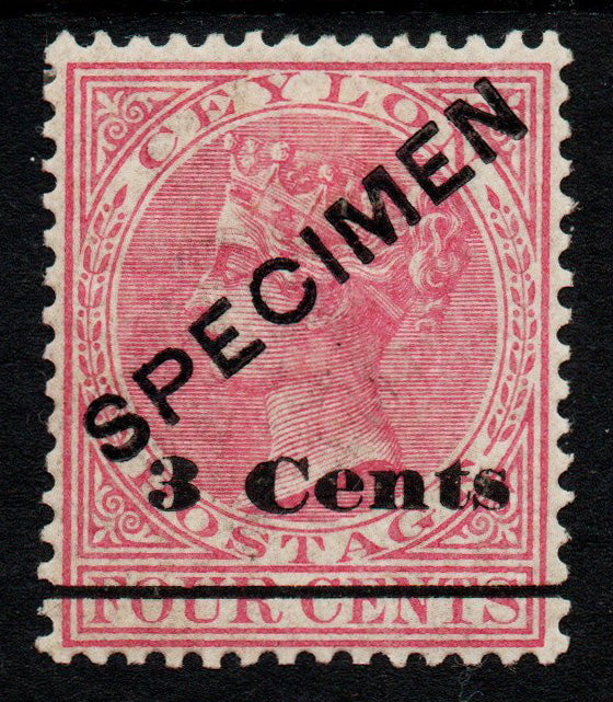 1892 Ceylon SG242ws 3c on 4c Rose Ovpt SPECIMEN with INVERTED WMK! Mounted mint