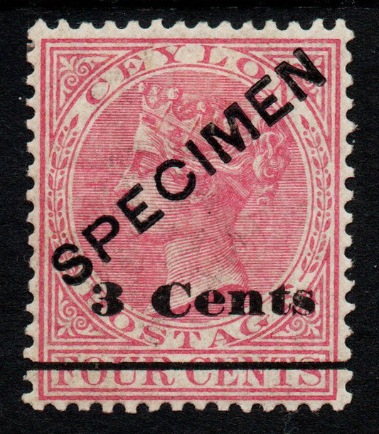 1892 Ceylon SG242ws 3c on 4c Rose Ovpt SPECIMEN with INVERTED WMK! Mounted mint