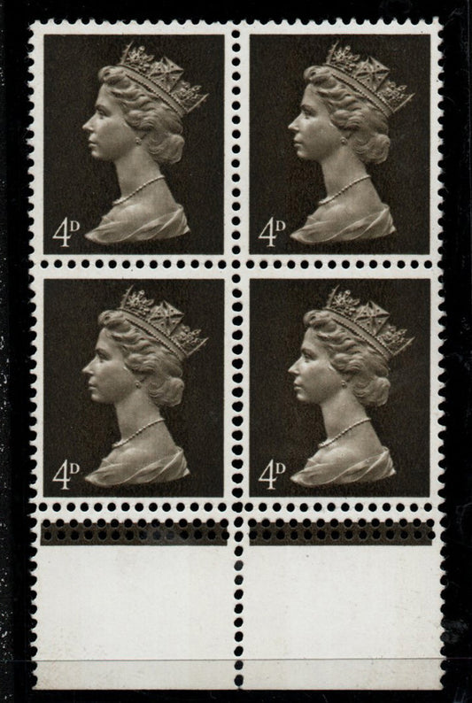 GB QEII 1967 4d marginal block of 4 with TWO additional Strikes of comb