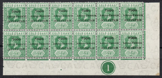 1915 Togo ½d Green SGH34a & H34f. Missing O and Small F's Plate 1 U/M (RW1335)