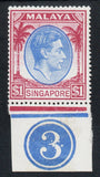 1948 Singapore SG28 KGVI $1 Marginal with Plate 3, Mounted in Margin (RW1336)