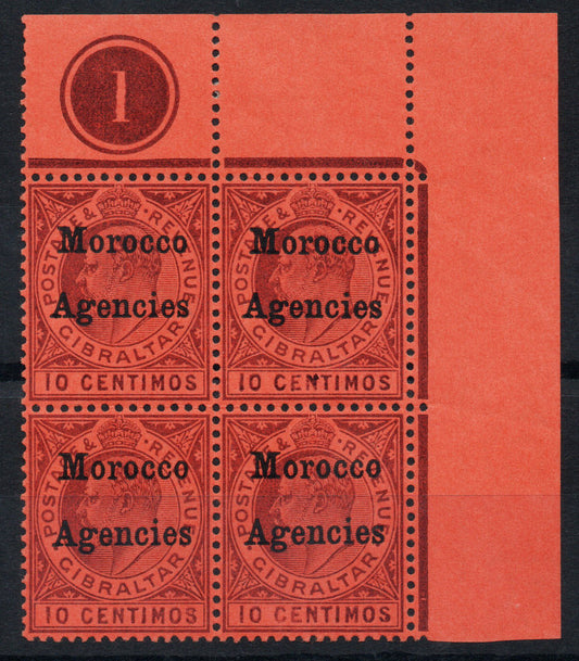 1903 Morocco Agencies Blk 4 on Gibraltar 10c SG226 Plate 1 Mounted Mint 