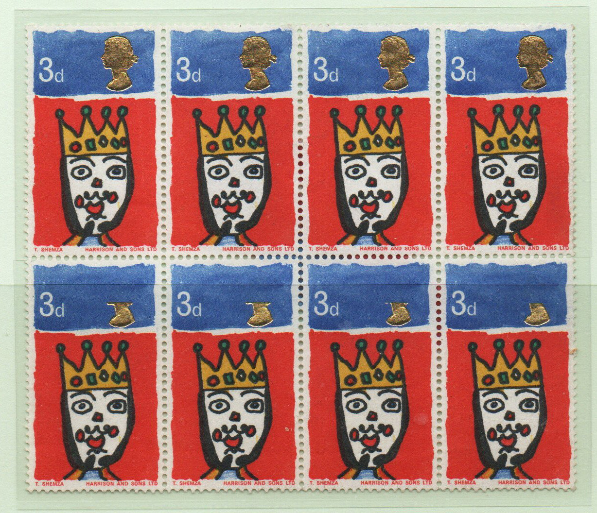 GB 1966 SG713 Christmas 3d Block of 8 with lower 4 partially missing gold (Queens Head) U/M MNH