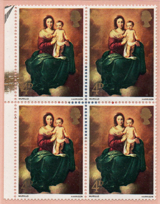 GB 1967 SG757 4d Christmas Block of 4 with large Gold ink spill/smudge Error  U/M MNH (1467)