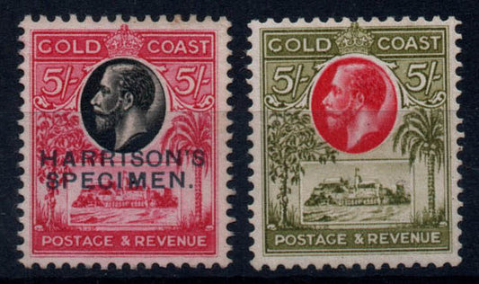 1928 Gold Coast 5 shilling &nbsp;perforated Printers Sample Proof in Black and Rose Carmine Overprinted Harrisons Specimen MNG
