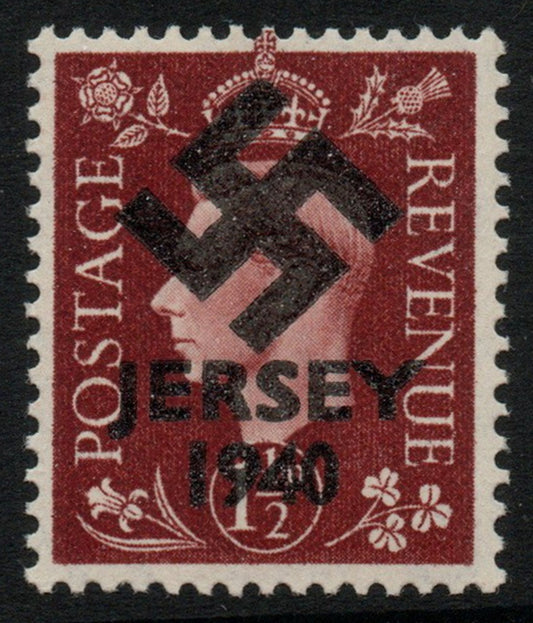 Jersey 1940 Swastika opt on Great Britain KG6 1.5d brown produced during the German Occupation but unissued due to local feelings. This is a copy of the overprint on a genuine stamp with forgery handstamped on the back, unmounted ……Details Below
